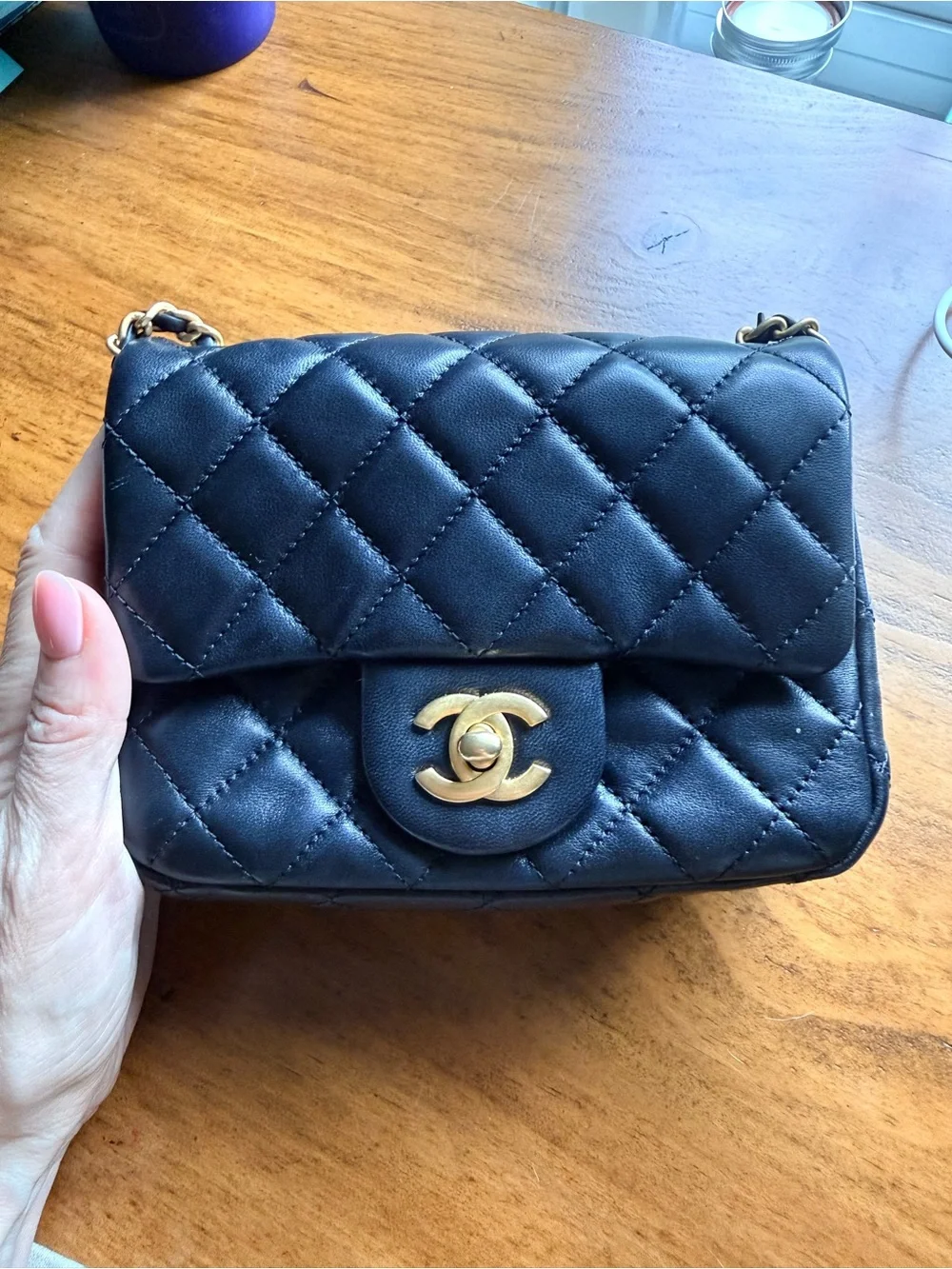 Chanel Black Quilted Lamb Ski  Mini Pearl Crush Flap Bag with Gold Chain